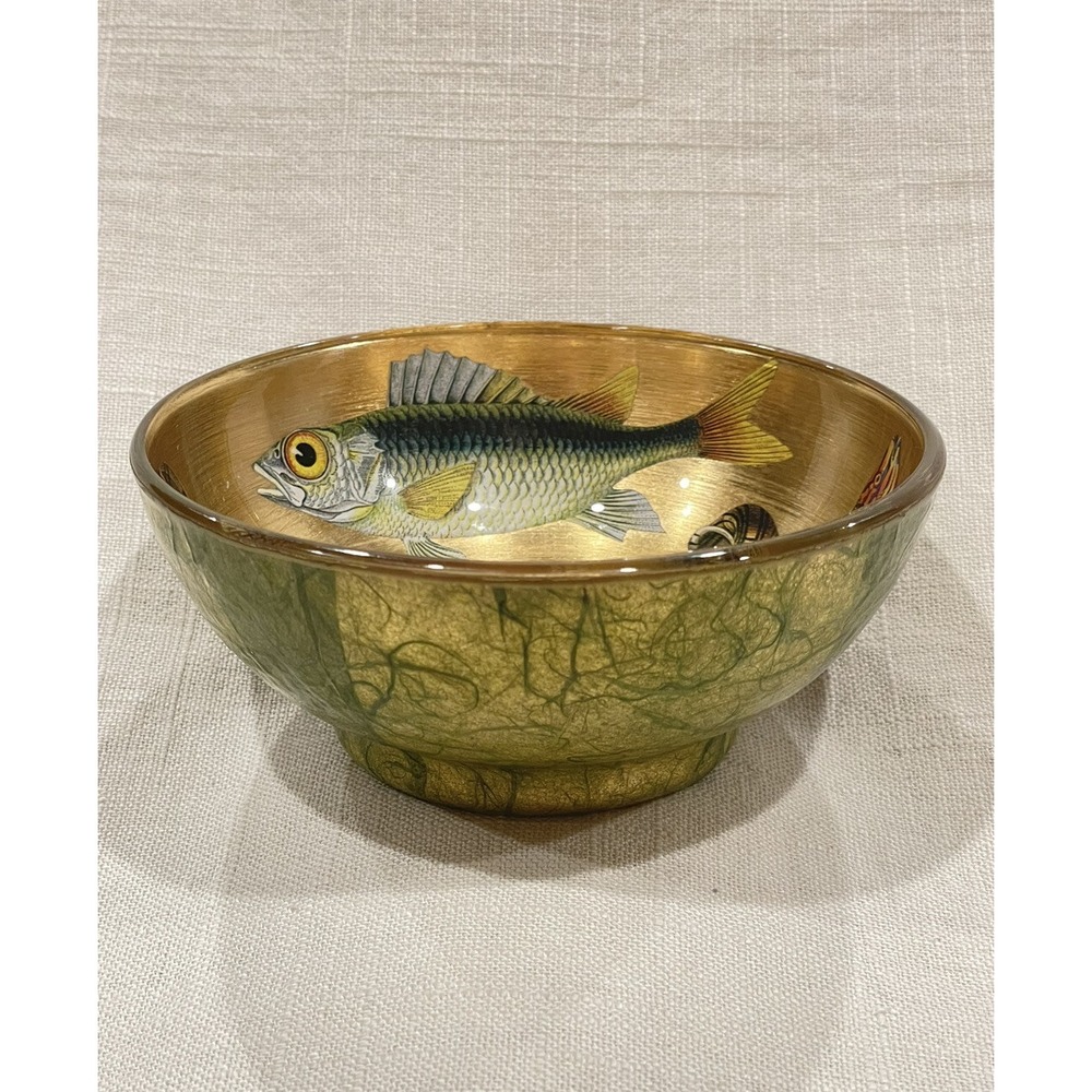 Scott Potter Fish And Shells In Gold And Green Small Bowl 5in Across SIGNED - Picture 16 of 16